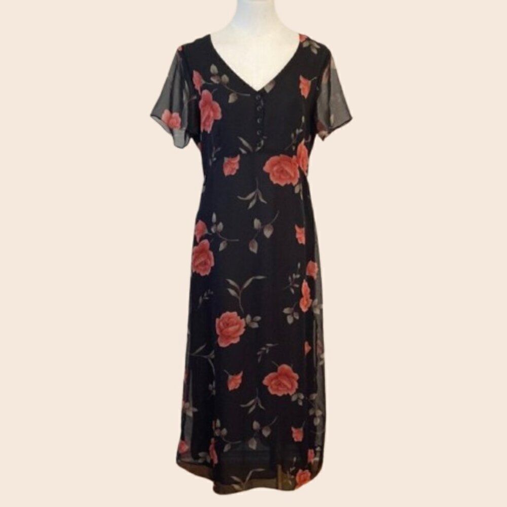 Vintage 90's Kathie Lee Black Rose PrintโMidi Dress Size 8